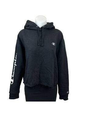 Champion Womens Black Cropped Distressed Long Sleeve Hooded Sweatshirt Sweater L